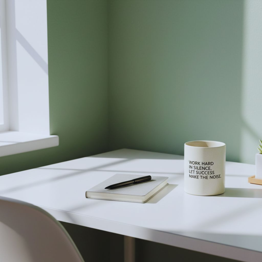 Minimalist workspace with a mug displaying quote “Work Hard in Silence, Let Success Make the Noise.”