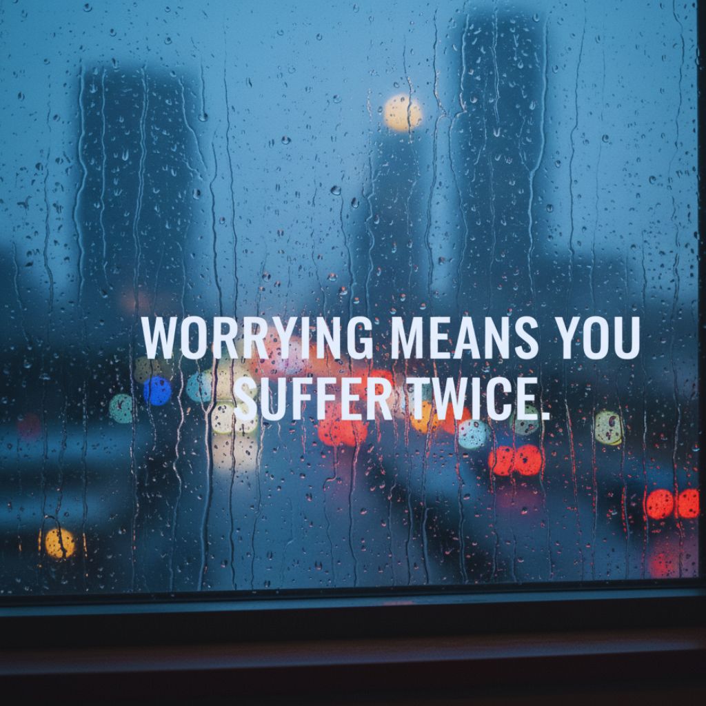 Raindrops on window with blurred lights and quote “Worrying means you suffer twice.”