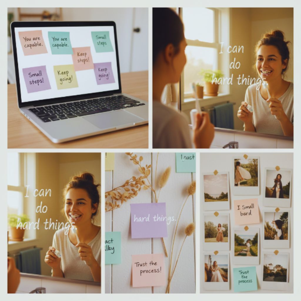 Colorful sticky notes with motivational affirmations on a workspace wall and mirror.