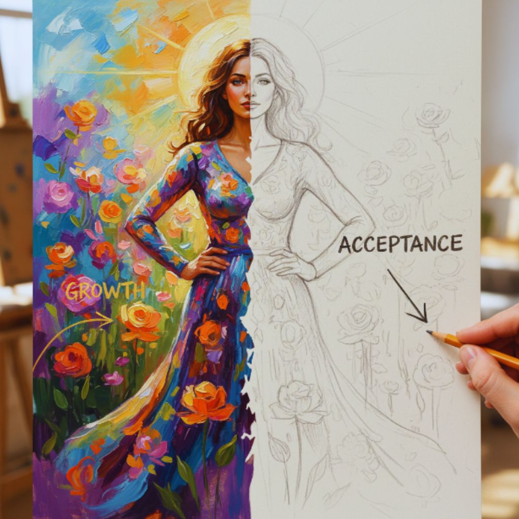 Artistic half-painted, half-sketch canvas symbolizing growth and self-acceptance.