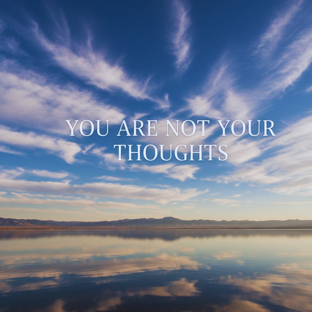 Blue sky with clouds and quote “You are not your thoughts.”