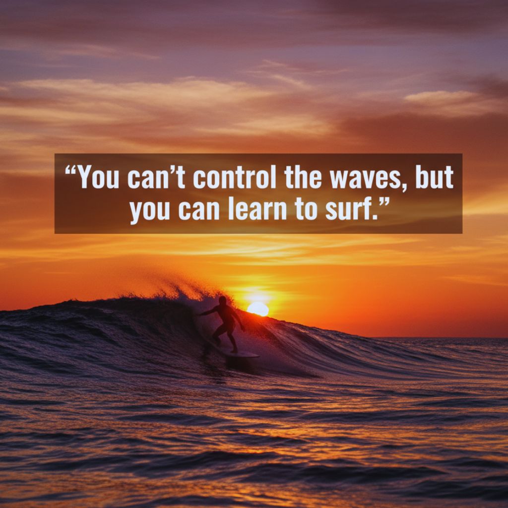 Surfer on sunset wave with quote “You can’t control the waves, but you can learn to surf.”