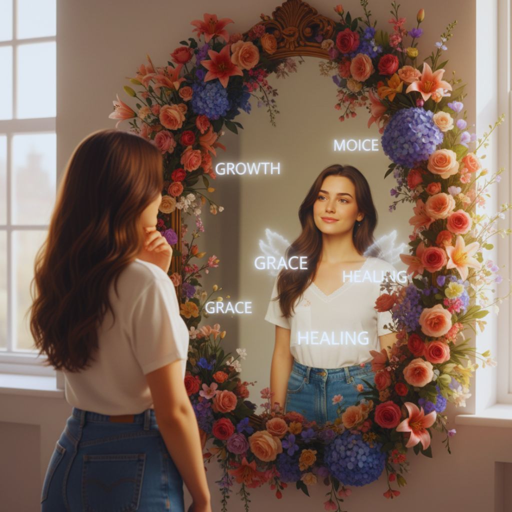 Mirror reflection surrounded by flowers and words of self-compassion.