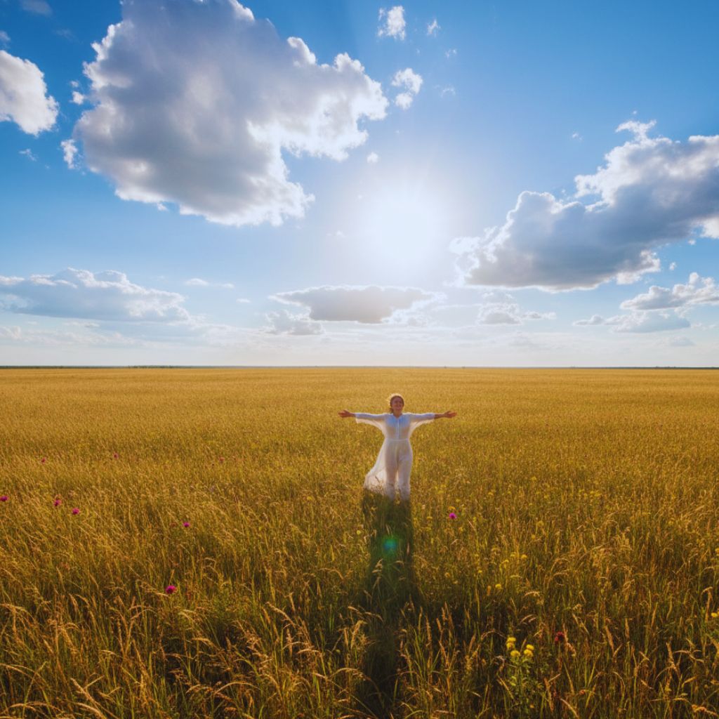 Person standing tall in an open field under blue sky with text “You deserve to take up space.”