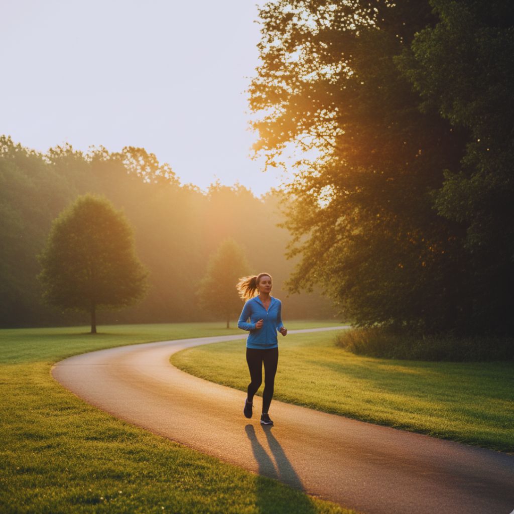 Person jogging slowly at sunrise in a park, symbolizing steady fitness progress.