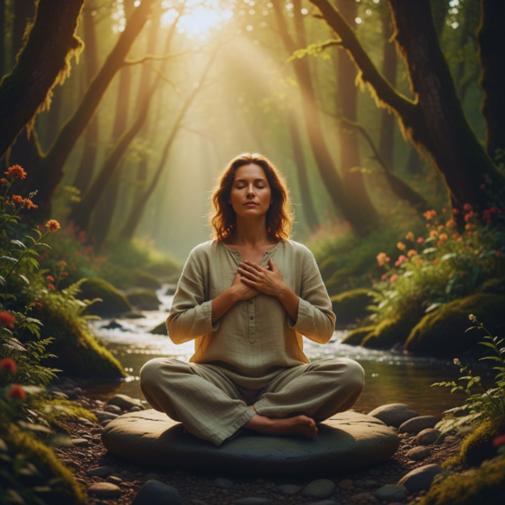 Person meditating in sunlight with hands over heart, symbolizing self-love and peace.