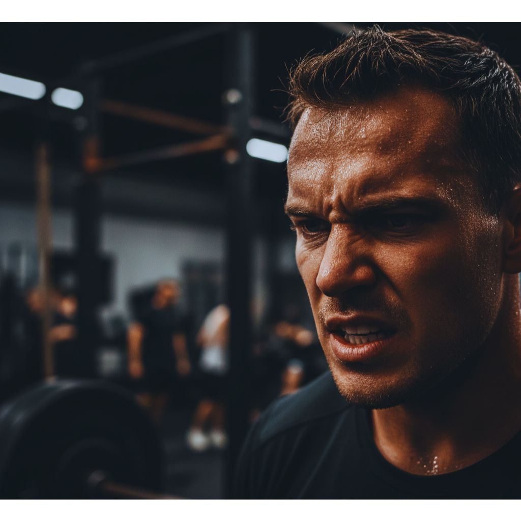 Focused athlete pushing through an intense workout, symbolizing mental strength.