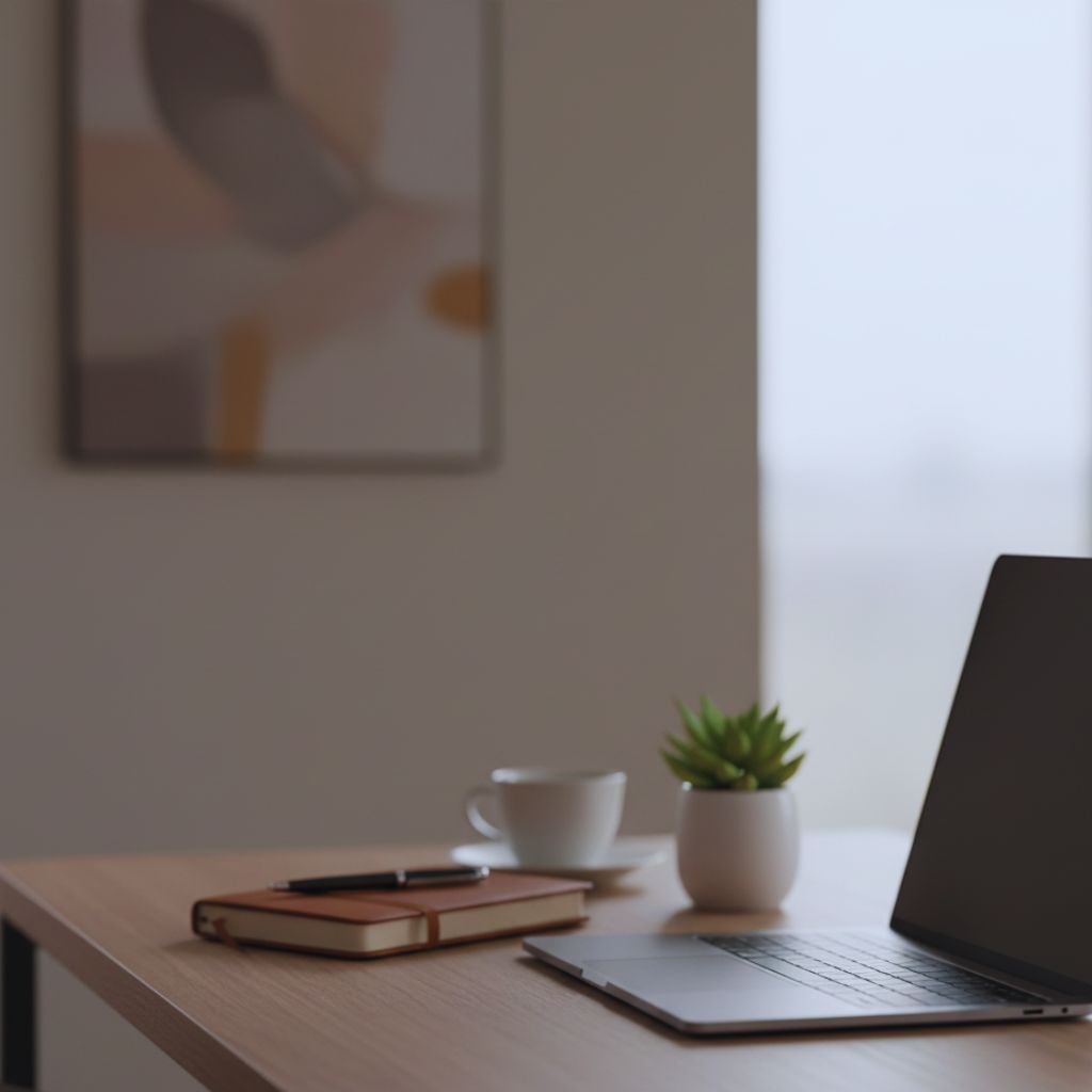 Workspace with laptop and coffee mug with text “Your work speaks for itself. Stop explaining your worth to people who can’t see it.”