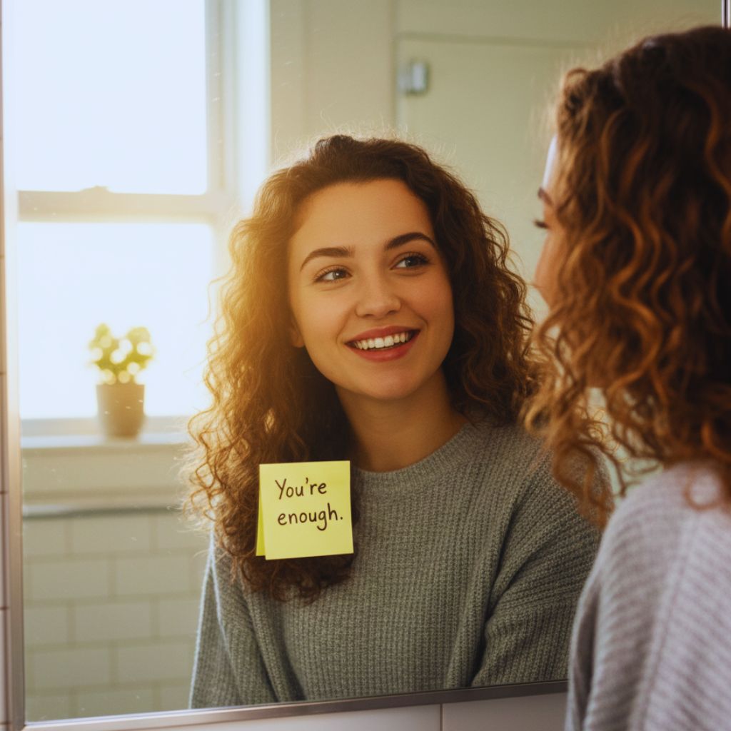 Woman smiling at her reflection with a “You’re enough” sticky note on the mirror.