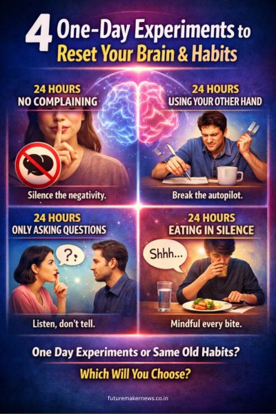 Illustration showing four one-day experiments to reset the brain and habits: no complaining, using the non-dominant hand, asking only questions, and eating in silence.