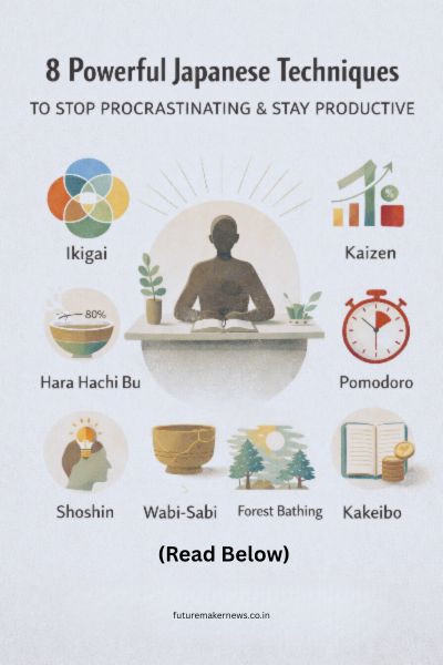 Minimalist illustration showing Japanese productivity concepts like Ikigai, Kaizen, Pomodoro focus, forest bathing, and mindful balance, symbolizing techniques to overcome procrastination and stay productive.