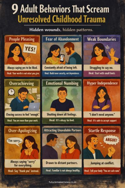 Infographic showing 9 adult behaviors linked to unresolved childhood trauma, including people pleasing, fear of abandonment, weak boundaries, overachieving, emotional numbing, hyper-independence, over-apologizing, attracting unavailable partners, and startle response, with gentle healing messages.