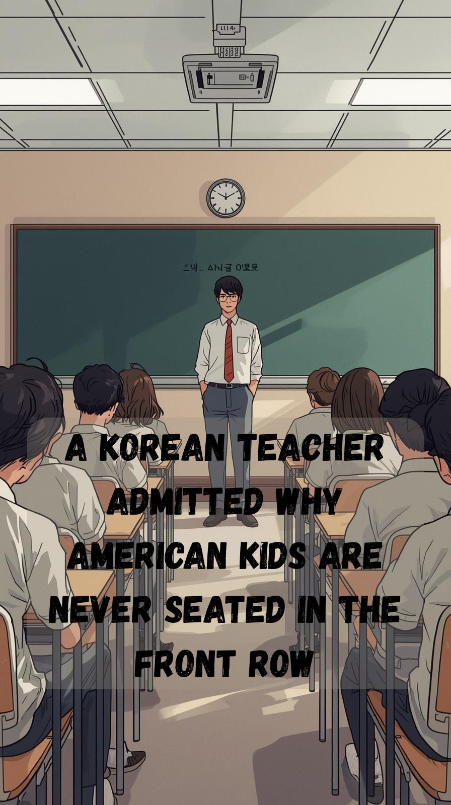 “Korean classroom with attentive students sitting in the front row while a Western child struggles to stay focused.”