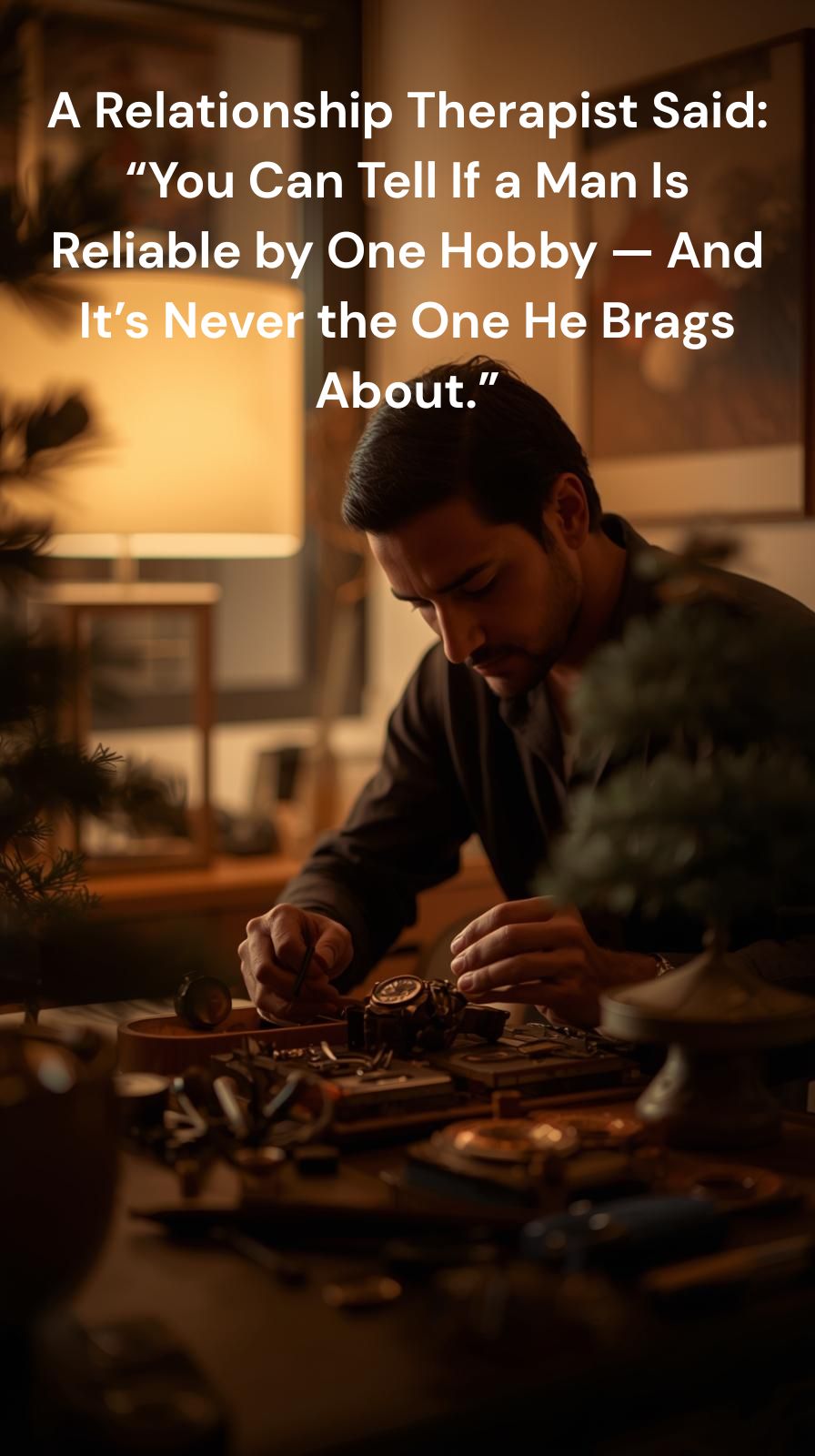 A man calmly engaged in a quiet, detail-oriented hobby at home, symbolizing reliability and emotional steadiness.