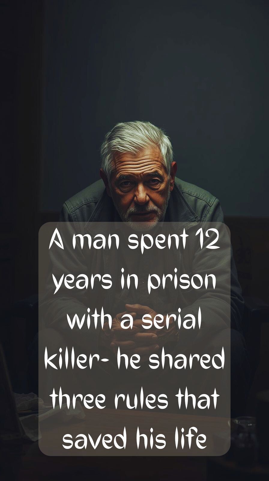 A man sitting on a prison bunk in a dimly lit cell, calm-faced and watchful, symbolizing survival and psychological resilience.