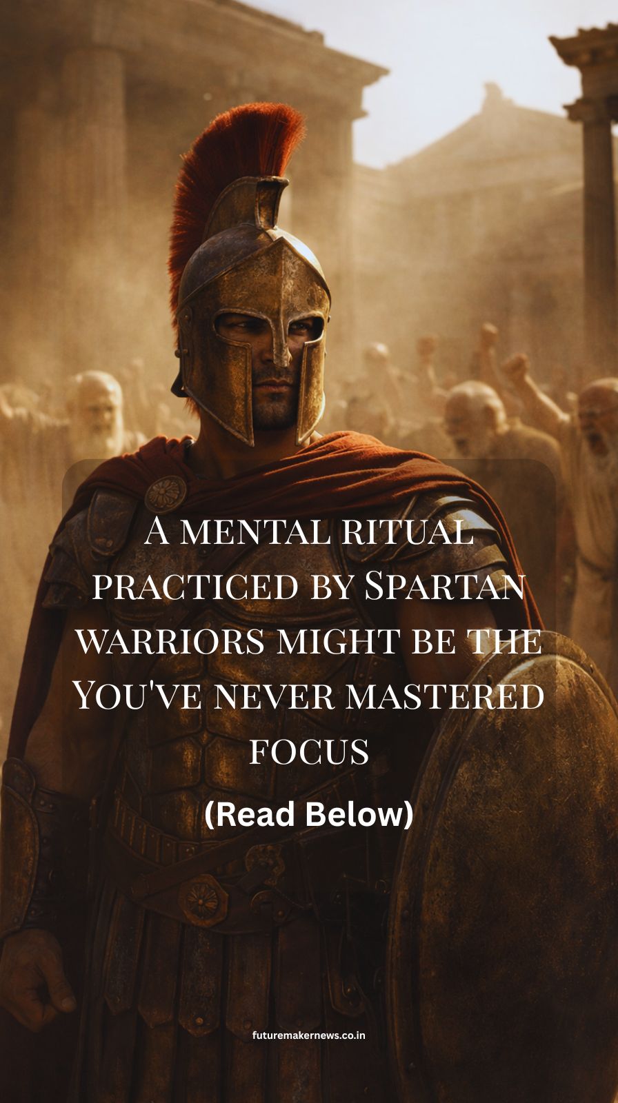 Spartan warrior standing calmly in an ancient courtyard symbolizing mental discipline and unbreakable focus