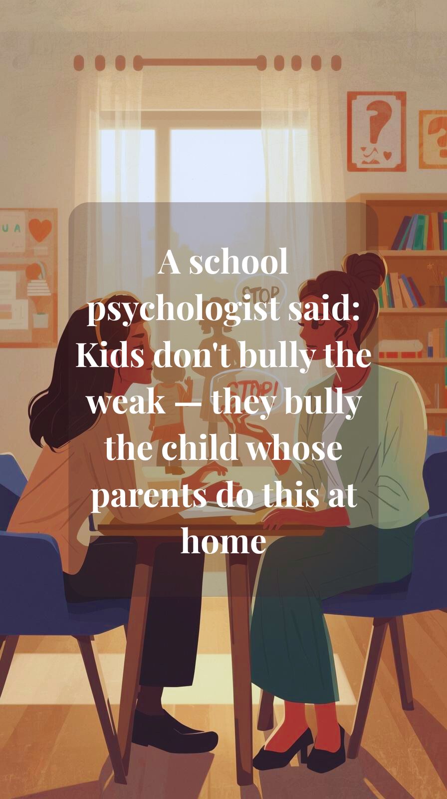 A child psychologist in a school counseling room explaining how boundary-setting affects bullying.