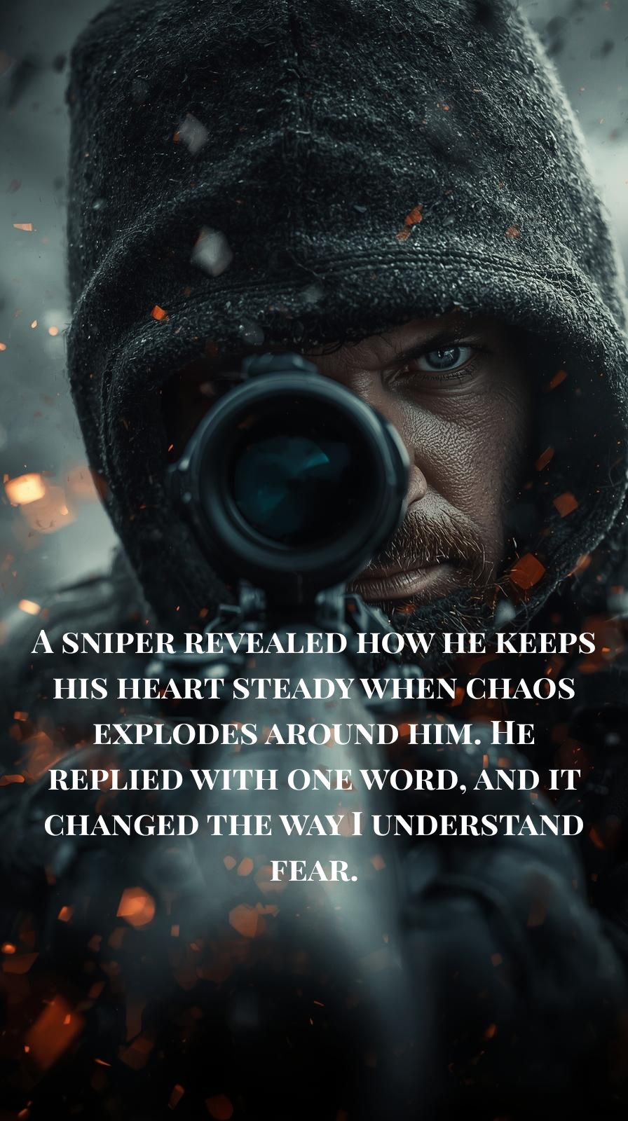 A focused sniper aiming through a scope, with a calm expression, highlighting control and composure amid chaos.