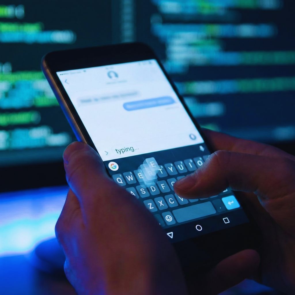 “Close-up of phone keyboard lag with cyber-style blue lighting.”