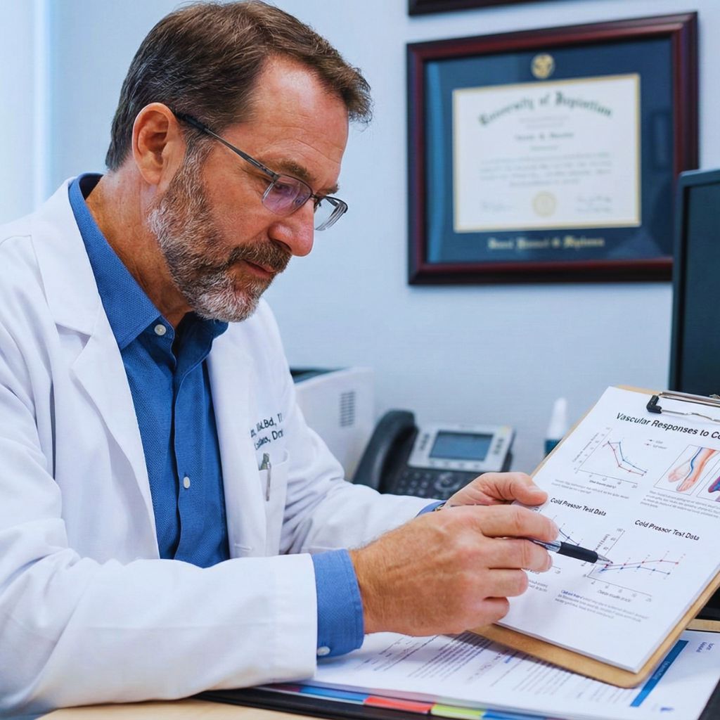 Illustration of a physician studying medical charts showing cardiovascular reactions to cold temperatures.