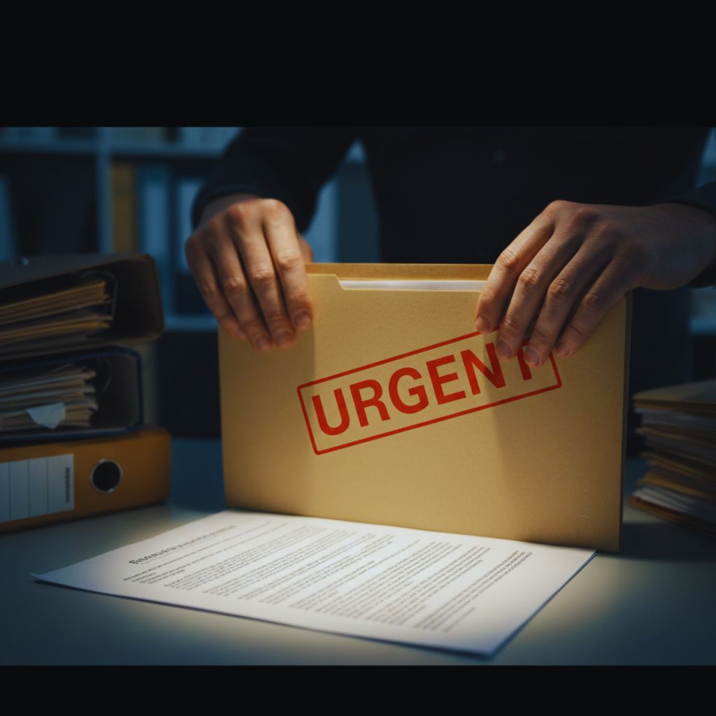 A family reviewing government paperwork at a kitchen table, showing how a single legal request can pause administrative demands.