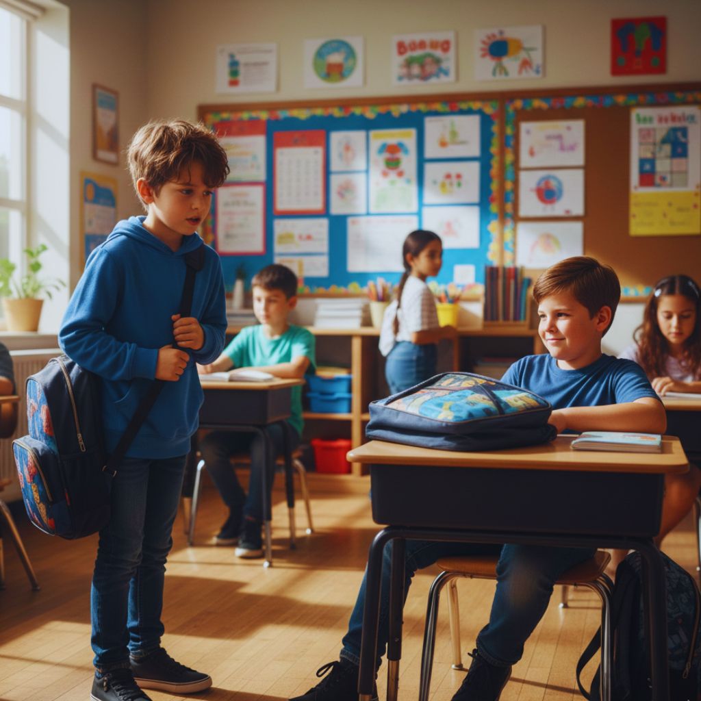 A boy in a classroom hesitating to protest as another child takes his seat.