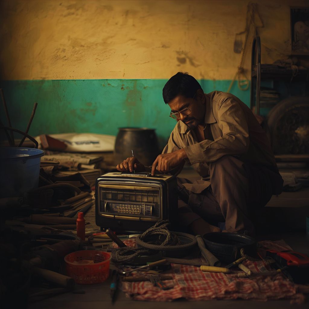A man repairing an old radio in a calm, organized garage, illustrating patience and long-term reliability.