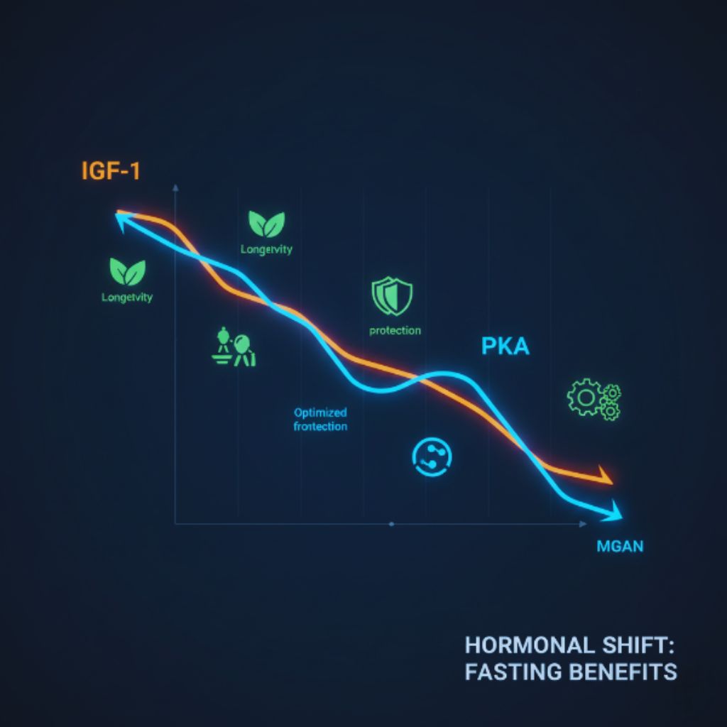 Visualization of IGF-1 and PKA levels decreasing during fasting, with symbols of cellular protection.