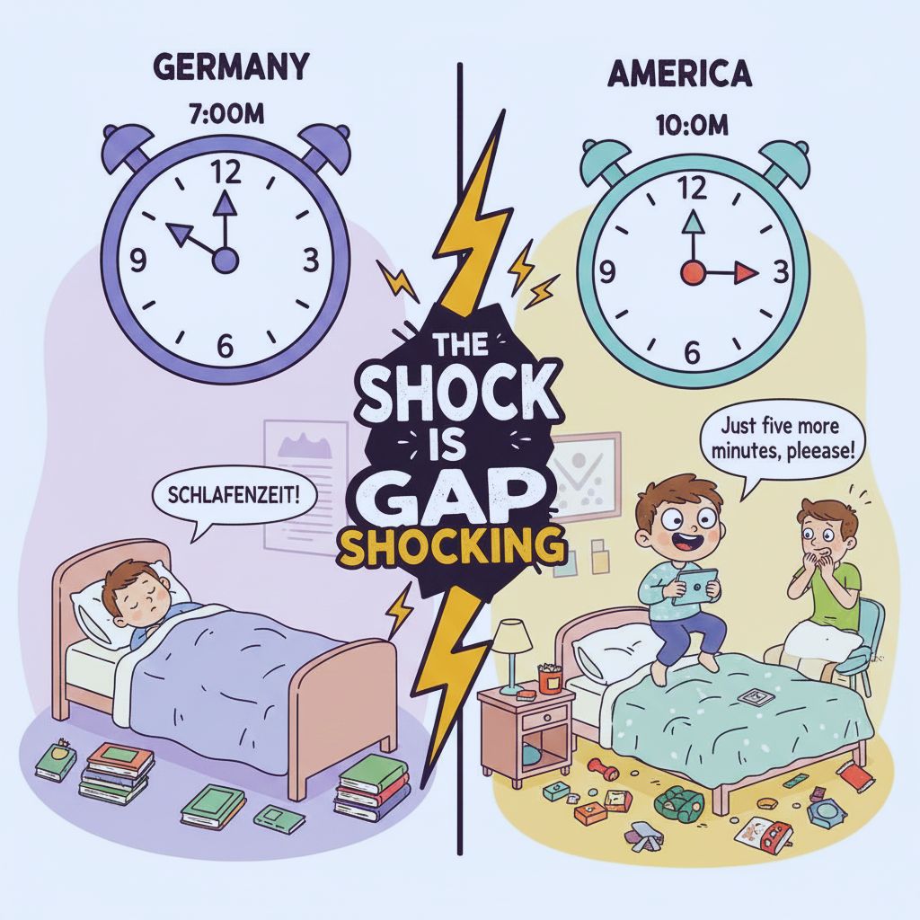 “German parents creating a calm bedtime environment with dim lighting and peaceful routines, helping their child relax naturally before sleep.”
