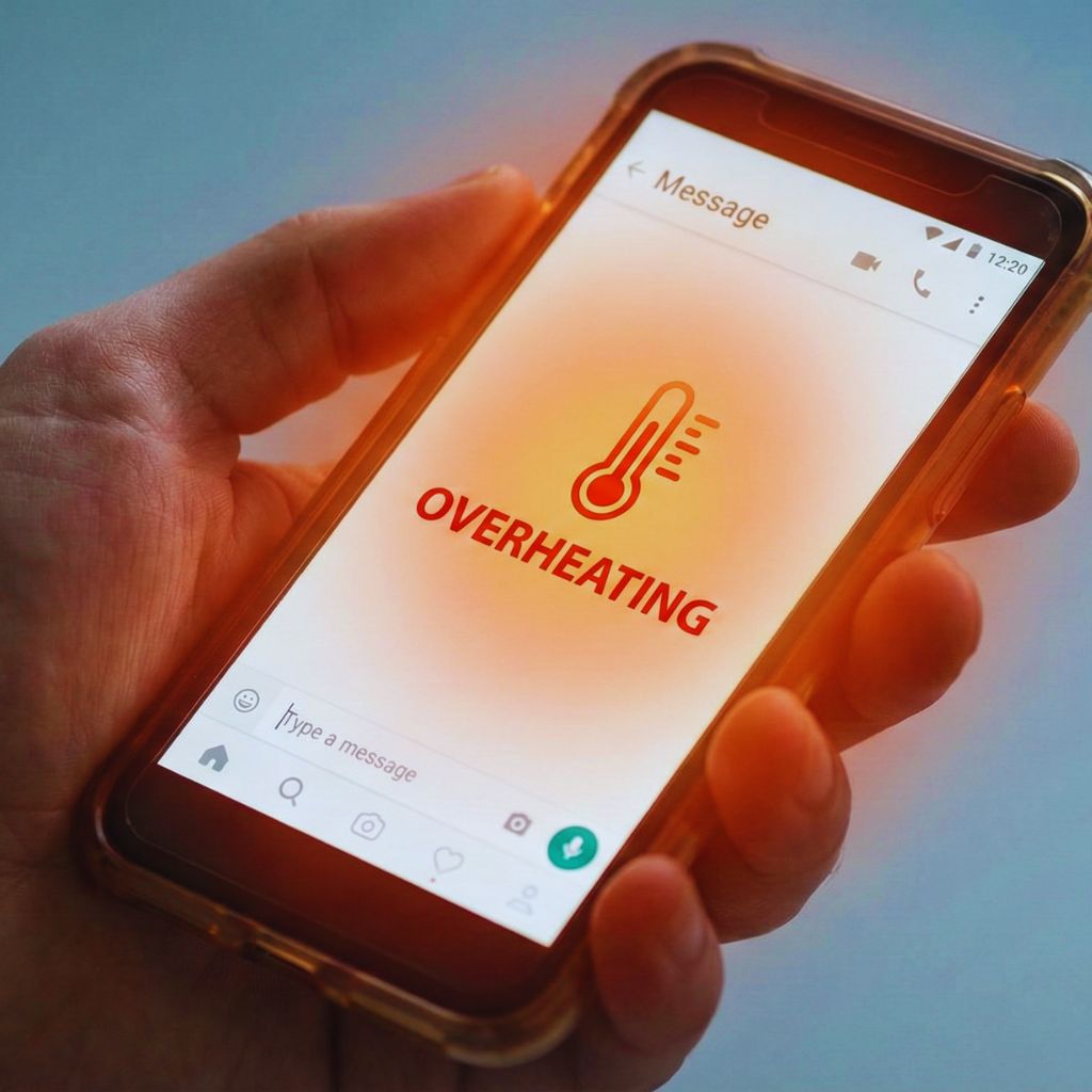 “Phone overheating while messaging, symbolized with glowing warmth.”