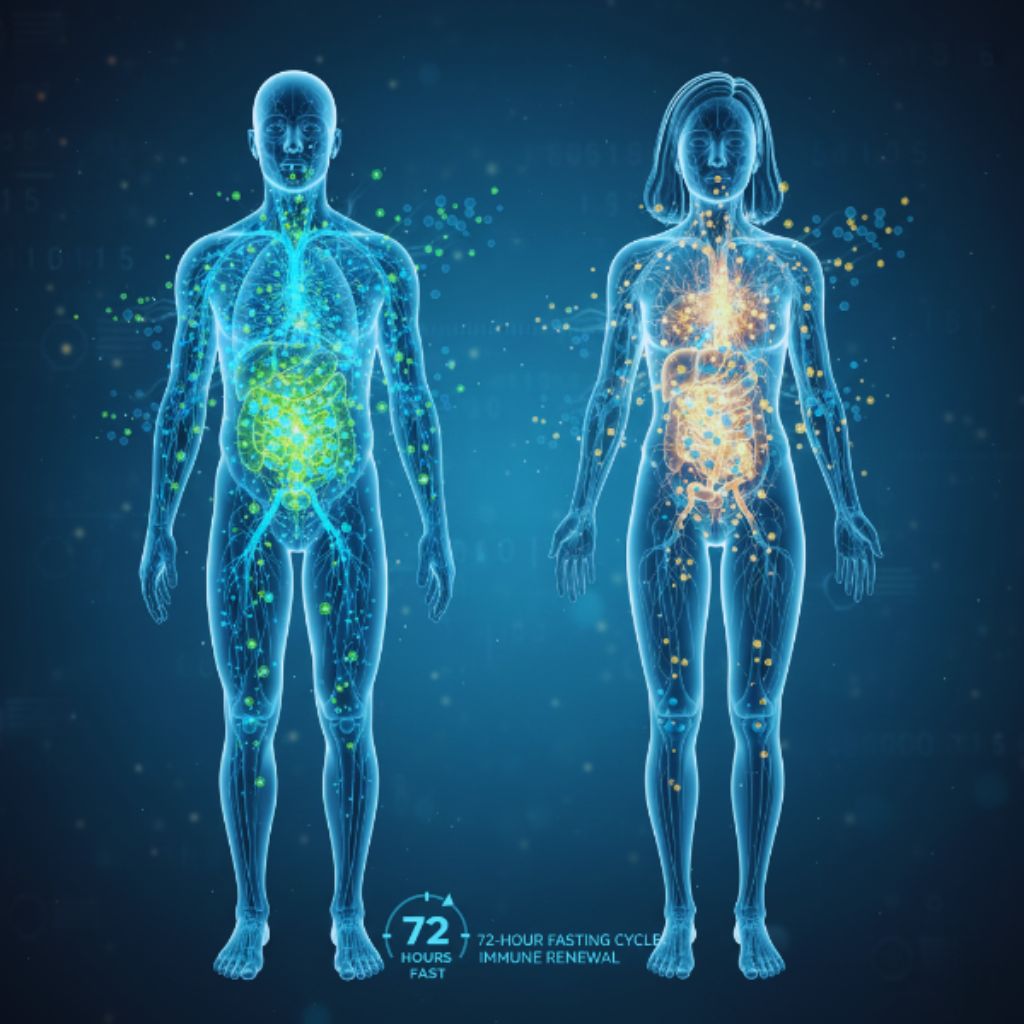 Graphic of a human body with regenerated immune cells glowing to represent improved immunity.