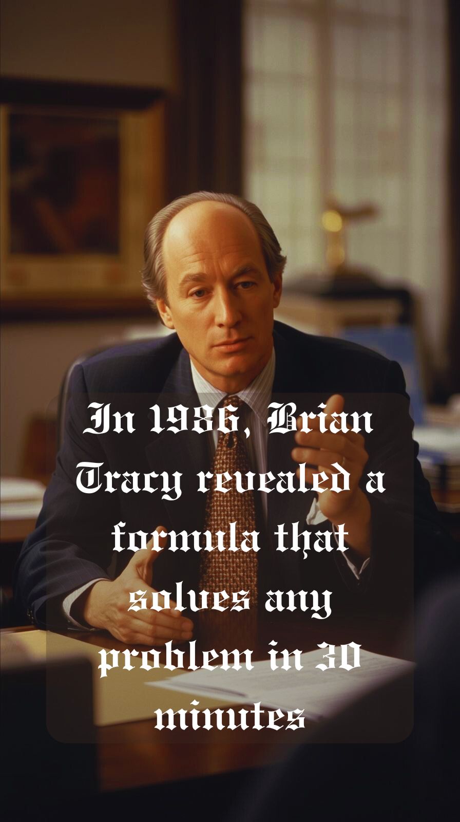 “Brian Tracy teaching his 1986 30-minute focus formula R = (W × C) ÷ T on a chalkboard to Harvard students.”
