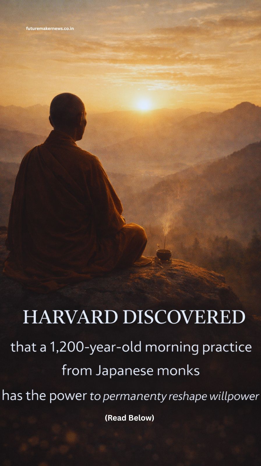 Japanese Zen monk practicing cold water face immersion at dawn, illustrating an ancient morning ritual proven by Harvard research to strengthen willpower and self-control.