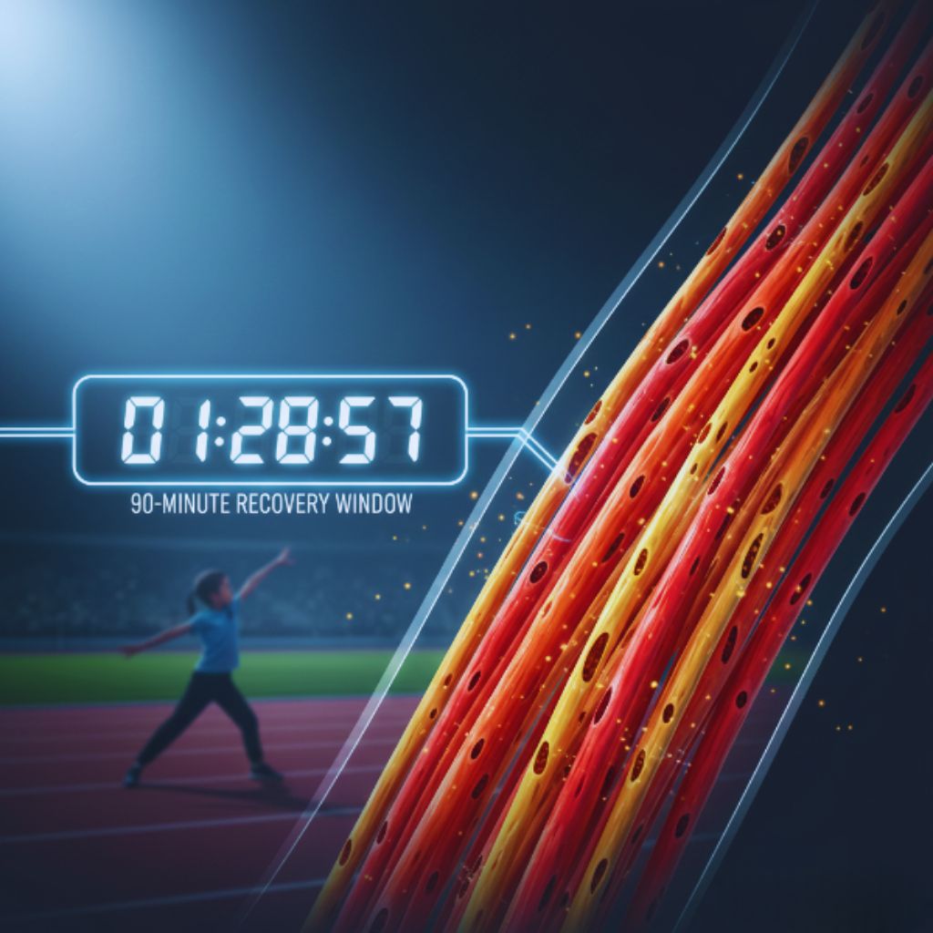 Illustration of a child athlete and a visual showing muscle fibers becoming porous during the post-training recovery window.