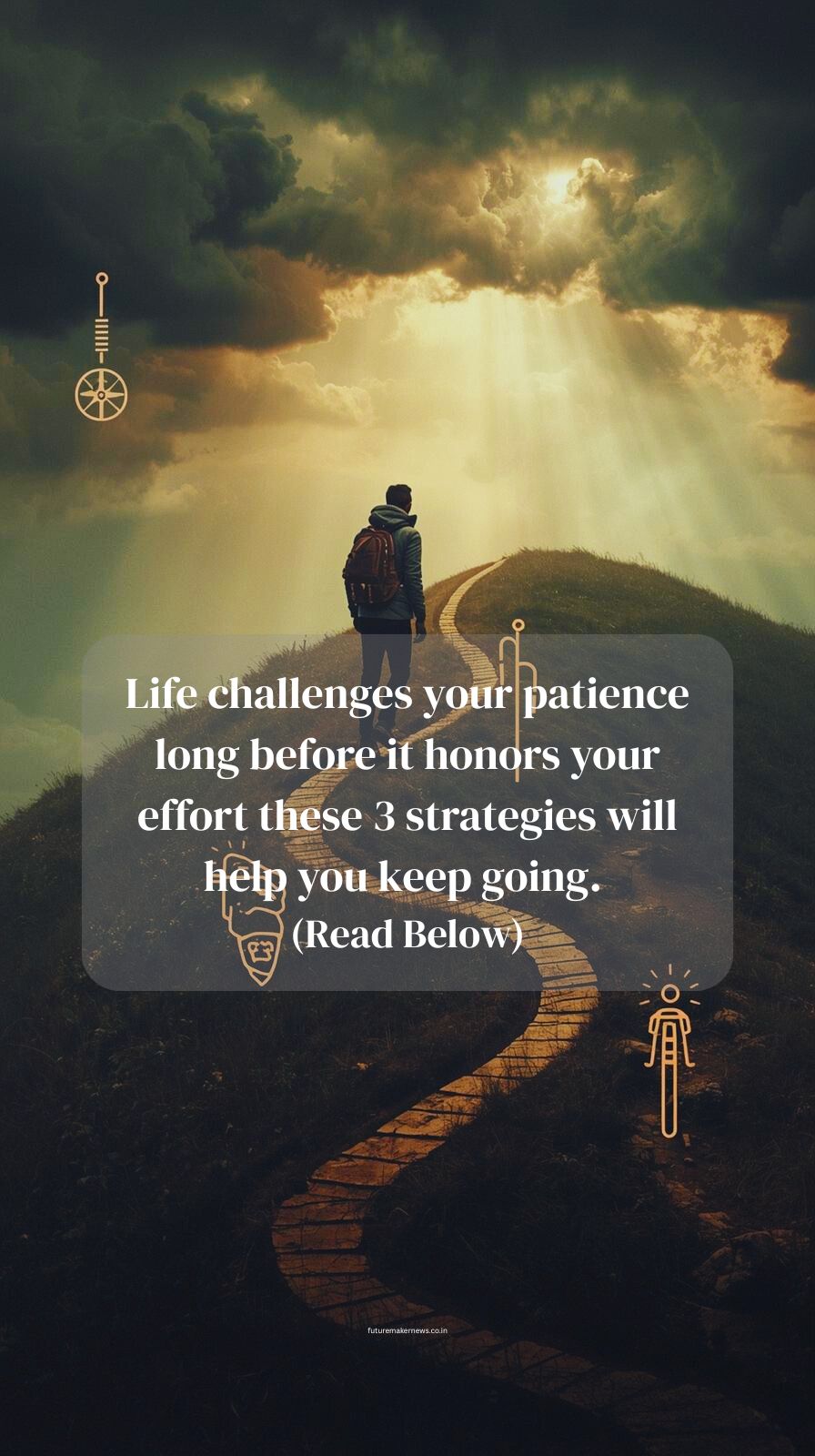 Motivational illustration of a person walking alone on a long road toward light, symbolizing patience, consistency, and effort before success.