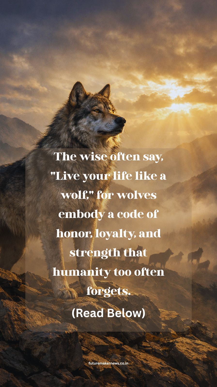 Wolf standing calmly on a mountain ridge symbolizing loyalty, honor, and disciplined strength