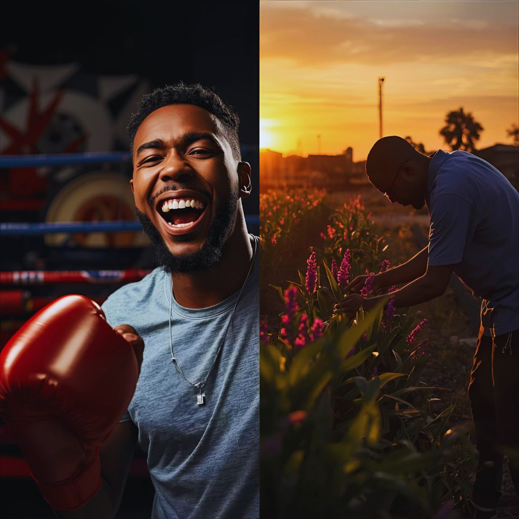 A split-image showing a man boasting with flashy hobbies on one side and another man quietly caring for plants on the other, representing ego vs. true reliability.