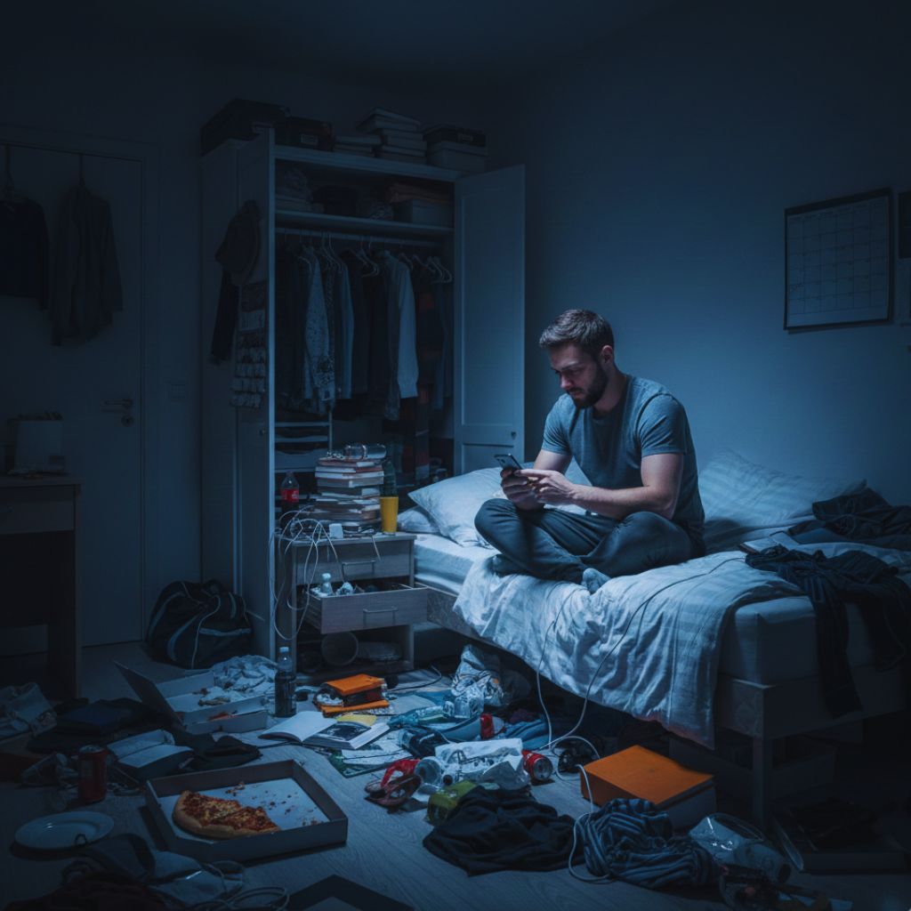 A man sitting in the dark scrolling on his phone at 3 a.m. with a messy room around him, symbolizing inconsistency and avoidance.