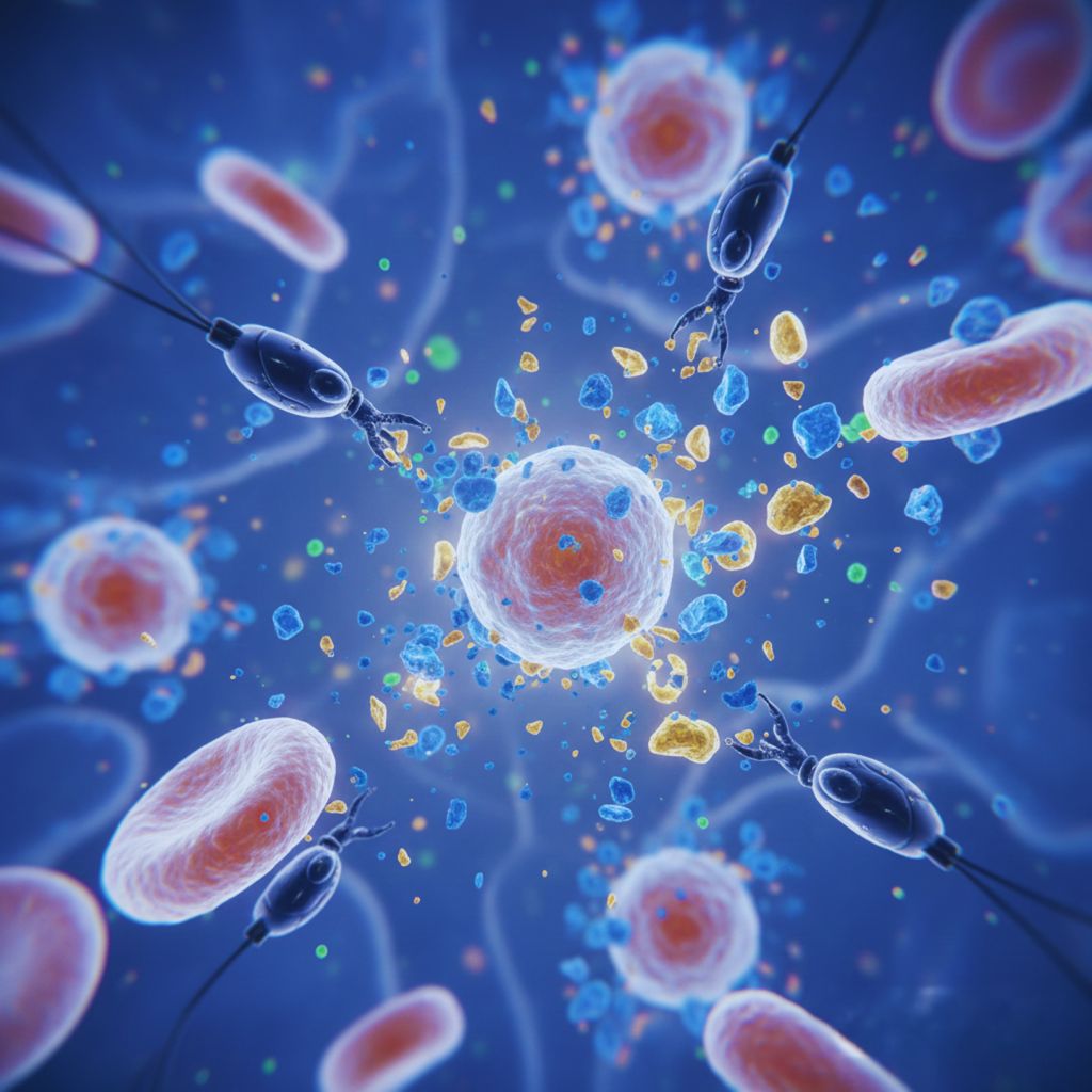 Microscopic-style graphic showing old immune cells breaking down and being cleared from the body.