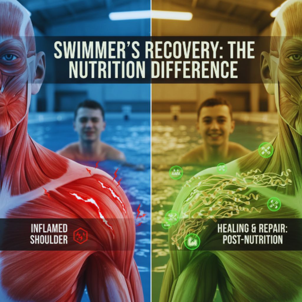 Graphic of a child swimmer with a before/after comparison of shoulder muscle tissue healing.