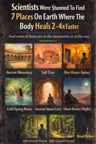 Infographic illustrating seven unique environments on Earth where the human body may heal faster, including monasteries, salt caves, forests, deserts at night, cold spring basins, stone caves, and bee-house apiaries.