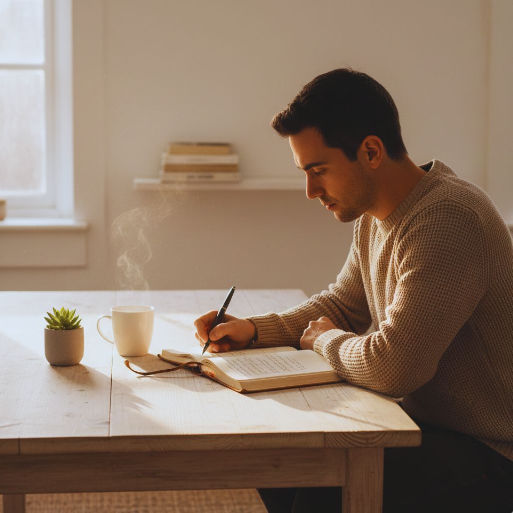 A man journaling alone at a table in calm morning light, representing discipline and reliability without external validation.