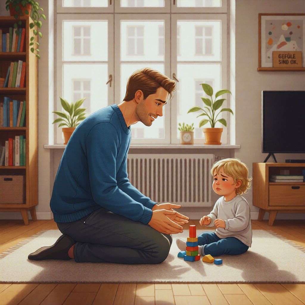 “Parent calmly giving space to a crying toddler to help build emotional self-regulation.”