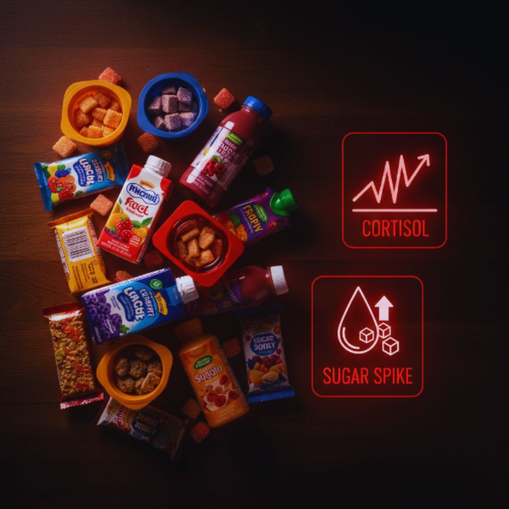 Image showing common sugary snacks and symbols of cortisol spikes blocking muscle recovery.