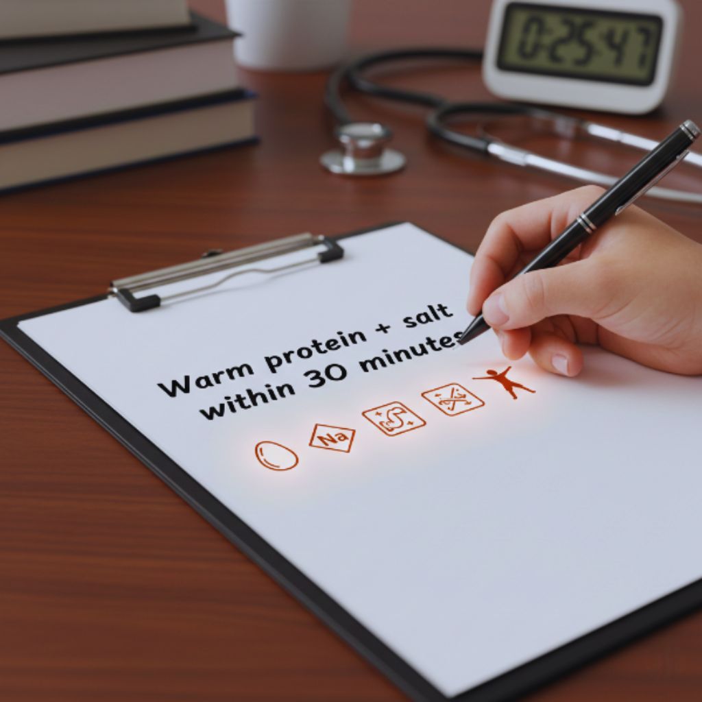 Illustration of a recovery rule written on a medical chart with icons of eggs, salt, and muscle repair.