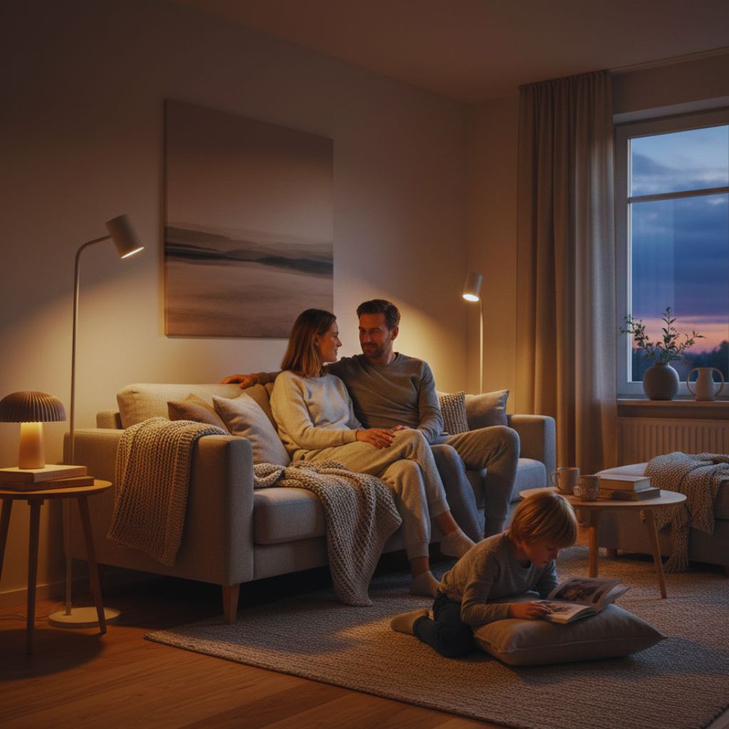 “German family creating a peaceful bedtime atmosphere with dim lighting and calm tones.”
