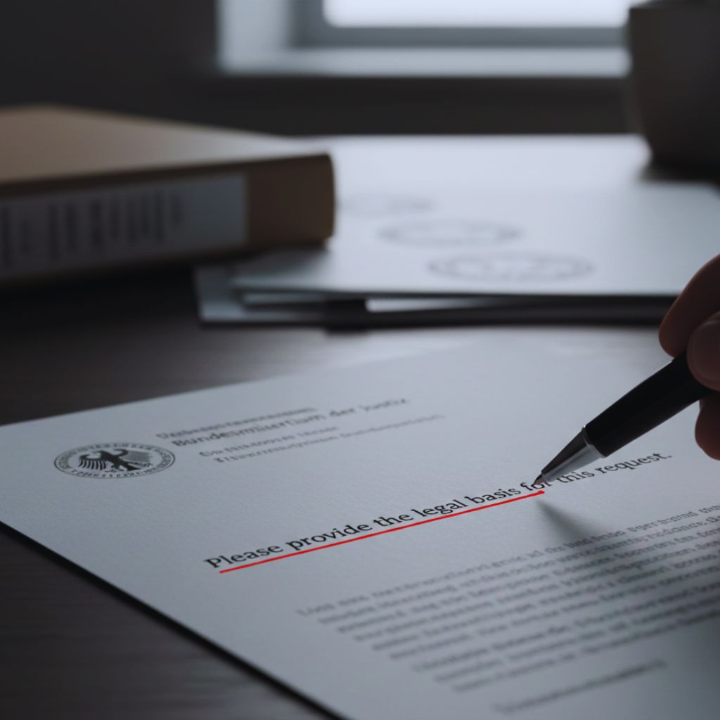 A formal government envelope and letter on a desk with a hand holding a pen, symbolizing the power of requesting legal clarification.