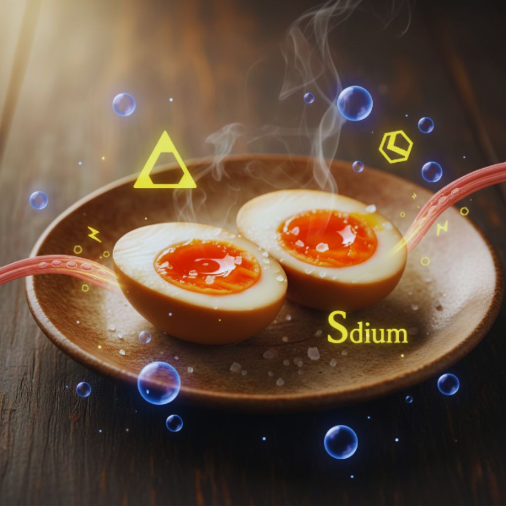 Illustration of warm salted eggs with graphic elements showing rapid muscle repair and amino acid support.