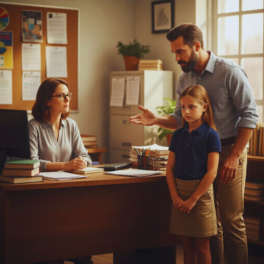 A father speaking for his daughter at school while she stands quietly beside him.