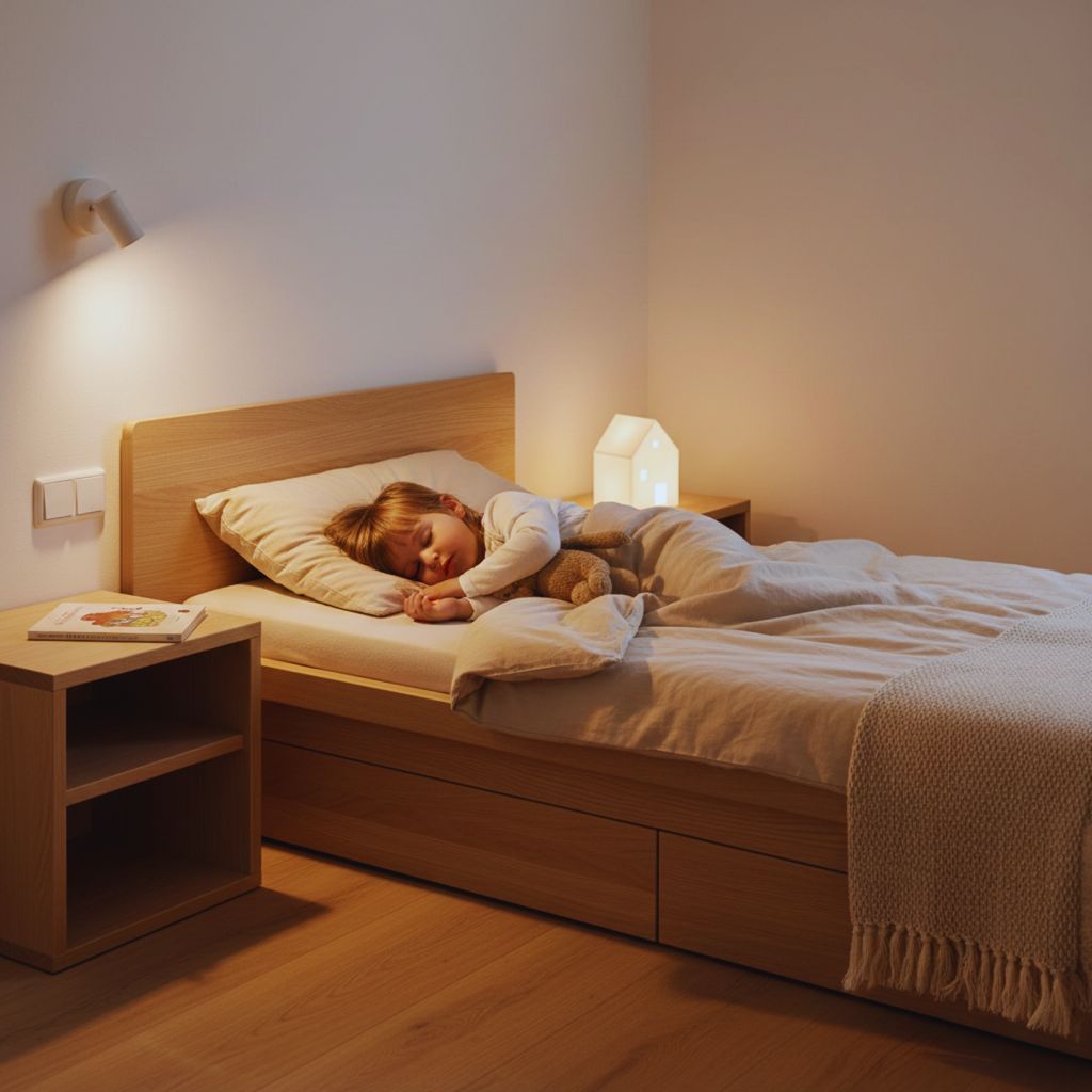 “Child sleeping in a softly lit room with German-style minimal décor promoting restful sleep.”